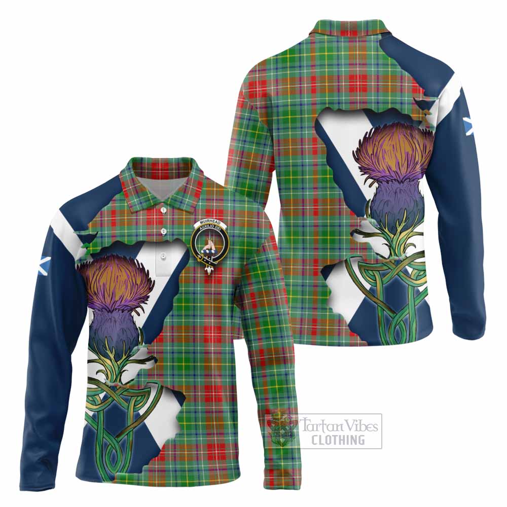 Tartan Vibes Clothing Muirhead Tartan Family Crest Long Sleeve Polo Shirt Scottish Thistle Celtic Inspired