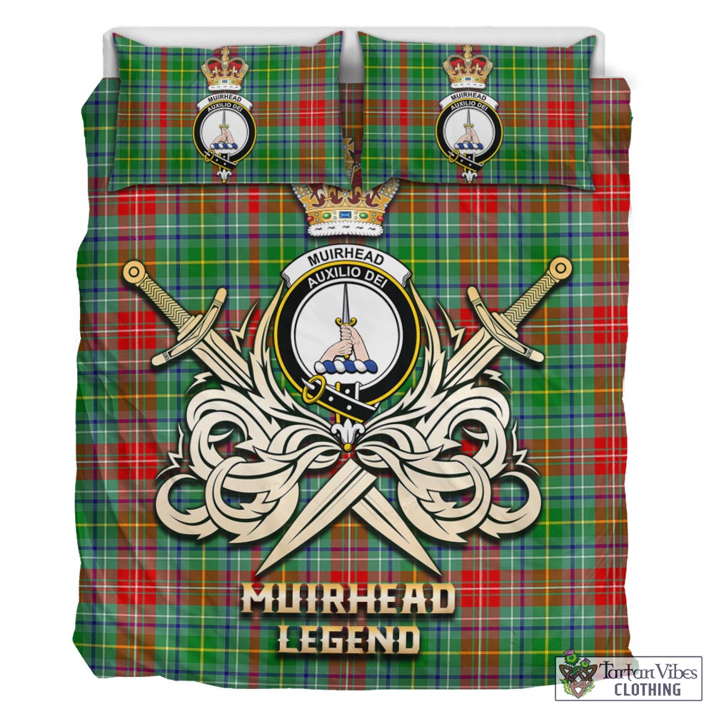 Tartan Vibes Clothing Muirhead Tartan Bedding Set with Clan Crest and the Golden Sword of Courageous Legacy
