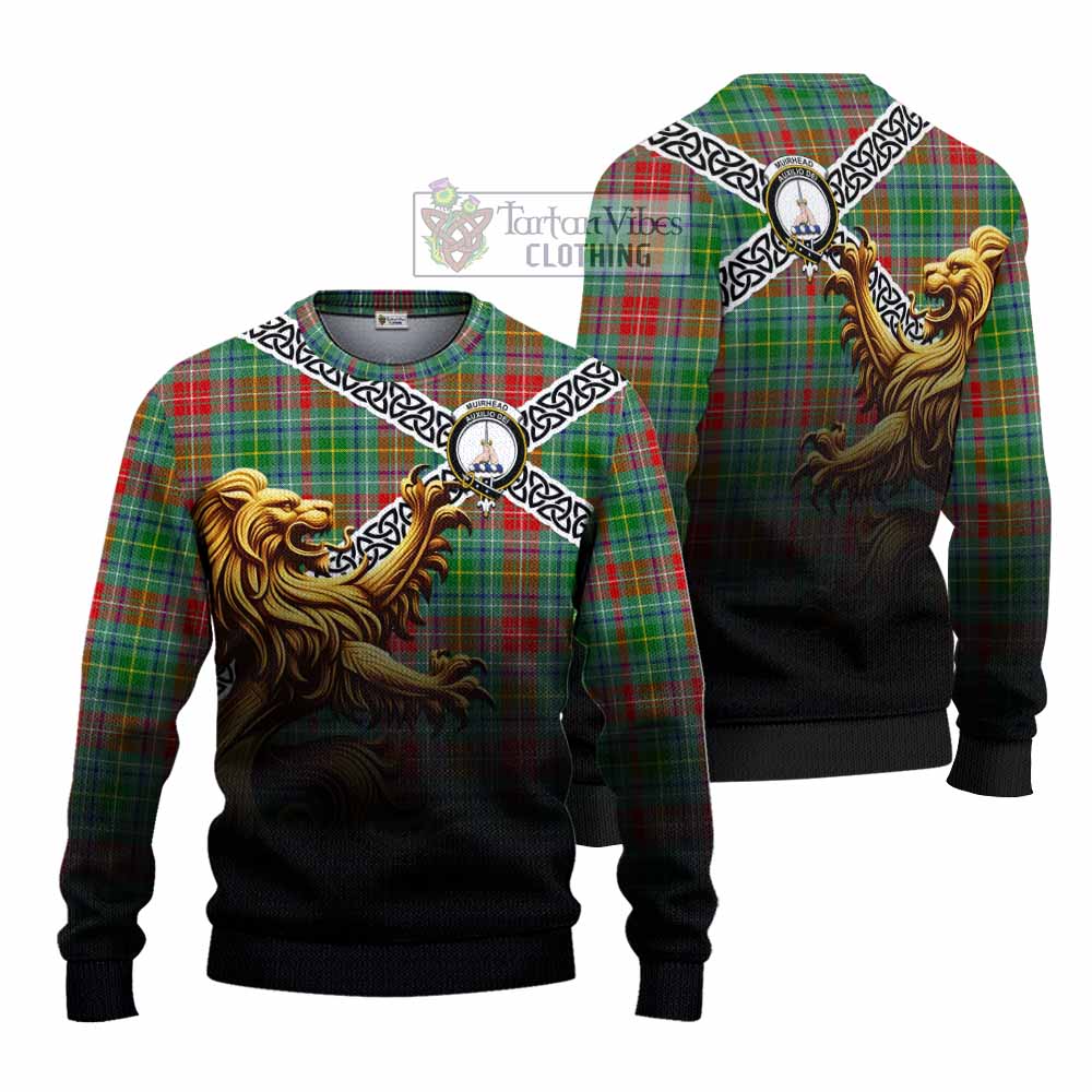 Muirhead Crest Tartan Knitted Sweater with Golden Lion Emblem Celtic Style - Tartan Vibes Clothing