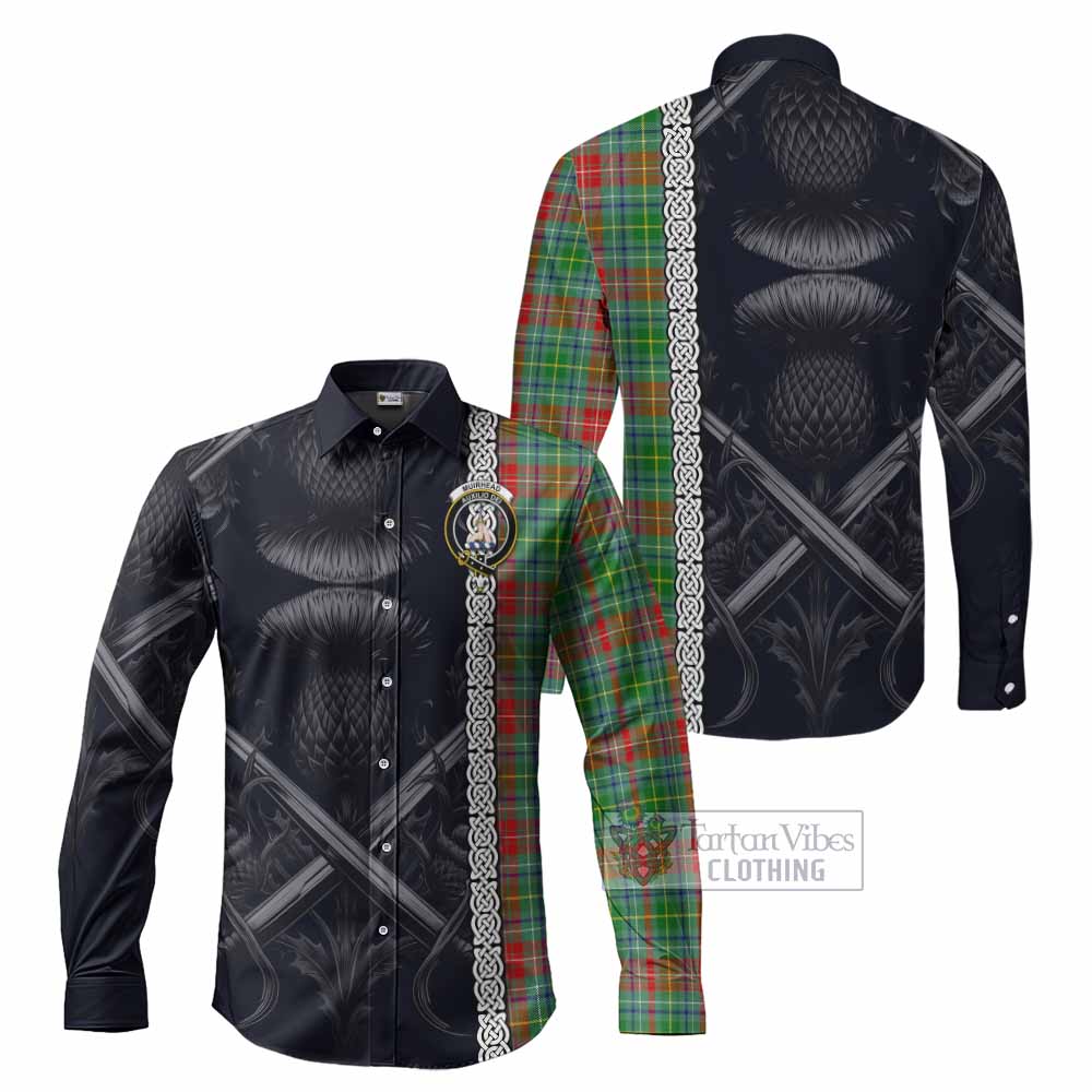 Tartan Vibes Clothing Muirhead Tartan Long Sleeve Button Shirt with Family Crest Cross Sword Thistle Celtic Vibes