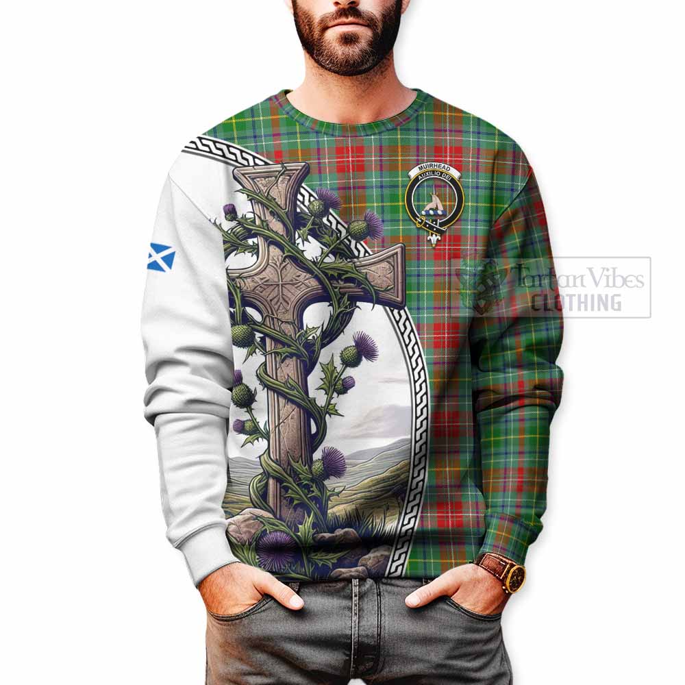 Muirhead Tartan Sweatshirt with Family Crest and St. Andrew's Cross Accented by Thistle Vines - Tartan Vibes Clothing