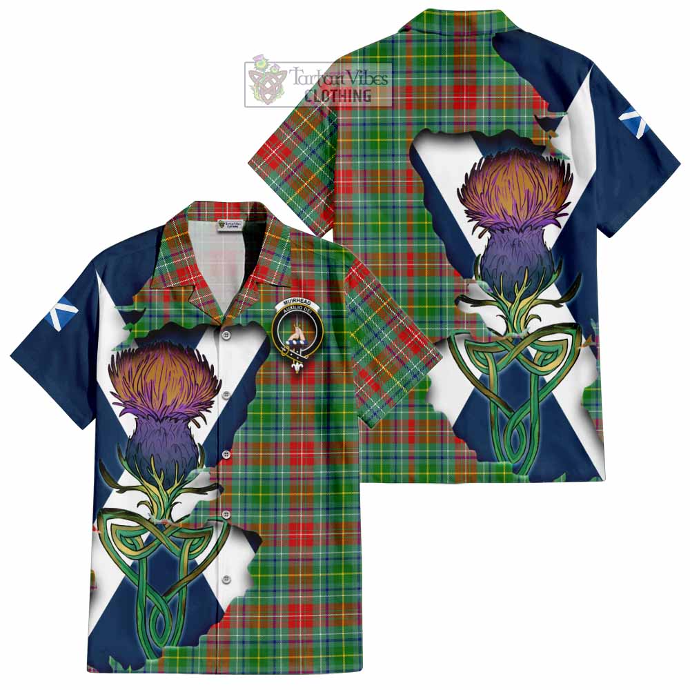 Tartan Vibes Clothing Muirhead Tartan Family Crest Short Sleeve Button Shirt Scottish Thistle Celtic Inspired