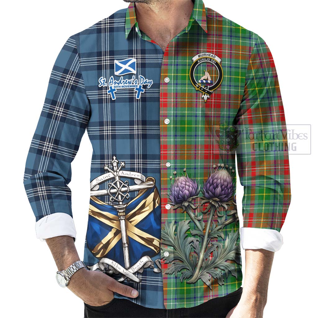 Muirhead Tartan Long Sleeve Button Shirt Happy St. Andrew's Day Half Tartan Style - Tartan Vibes Clothing
