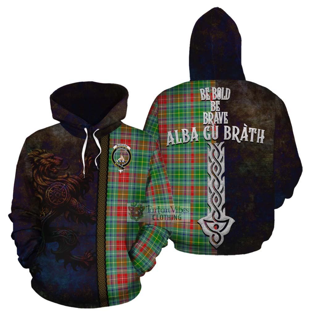 Tartan Vibes Clothing Muirhead Tartan Family Crest Cotton Hoodie Alba Gu Brath Be Brave Lion Ancient Style
