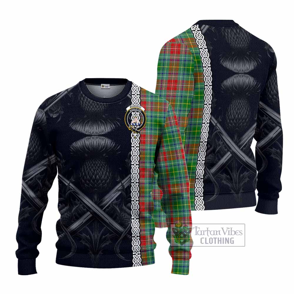 Muirhead Tartan Knitted Sweater with Family Crest Cross Sword Thistle Celtic Vibes - Tartan Vibes Clothing