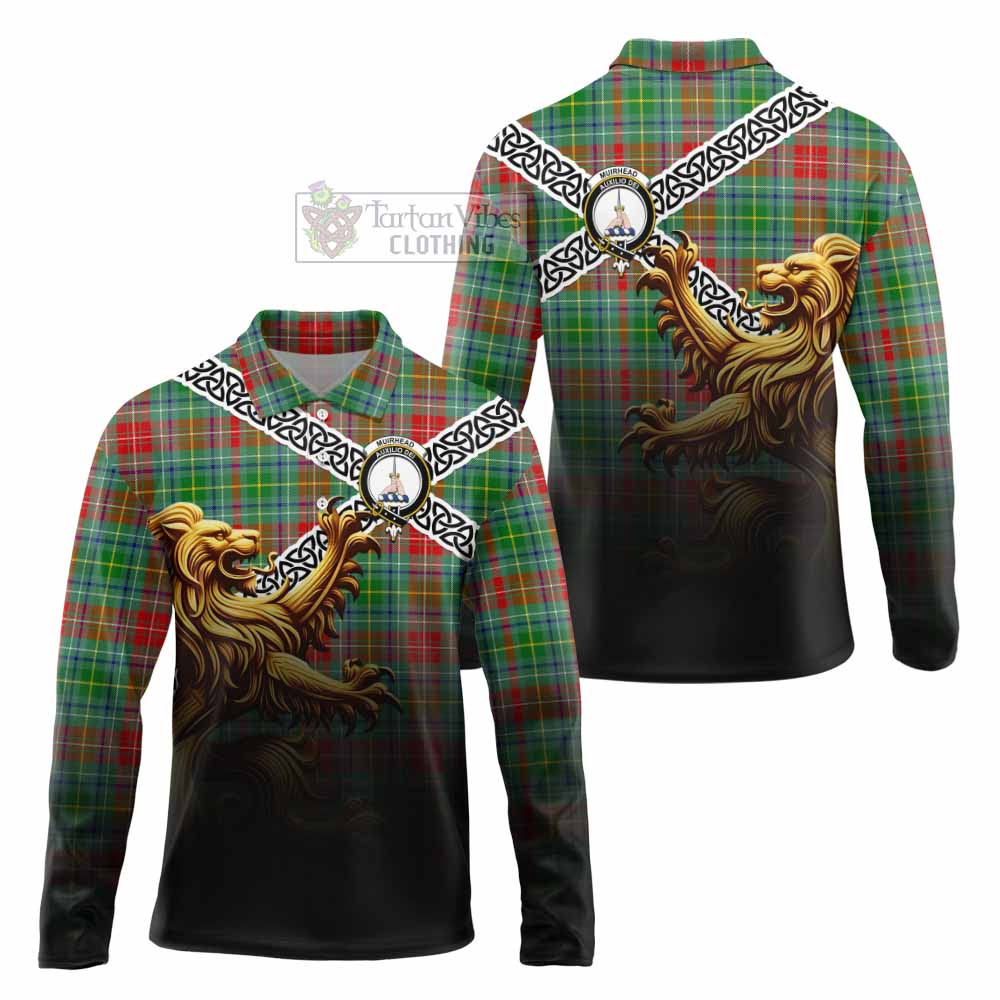 Muirhead Crest Tartan Long Sleeve Polo Shirt with Golden Lion Emblem Celtic Style - Tartan Vibes Clothing