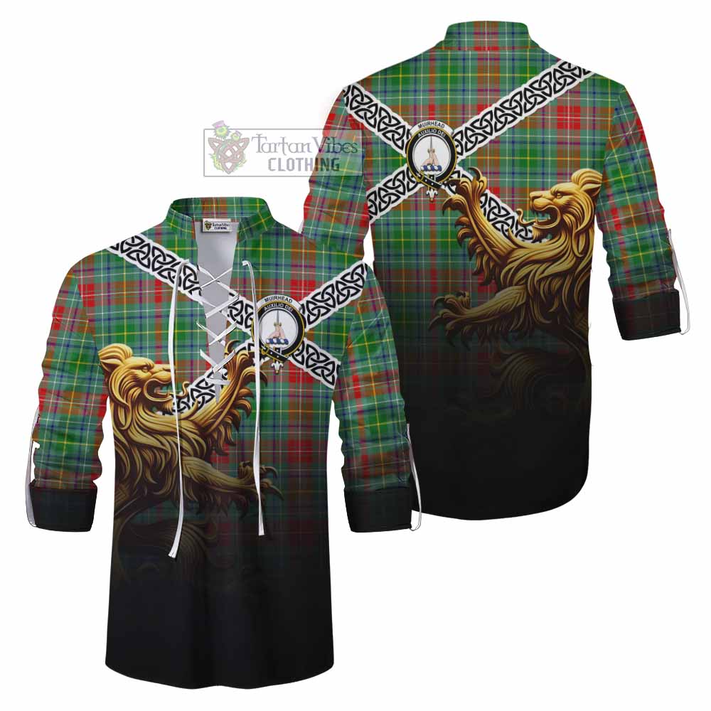 Muirhead Crest Tartan Ghillie Kilt Shirt with Golden Lion Emblem Celtic Style - Tartan Vibes Clothing