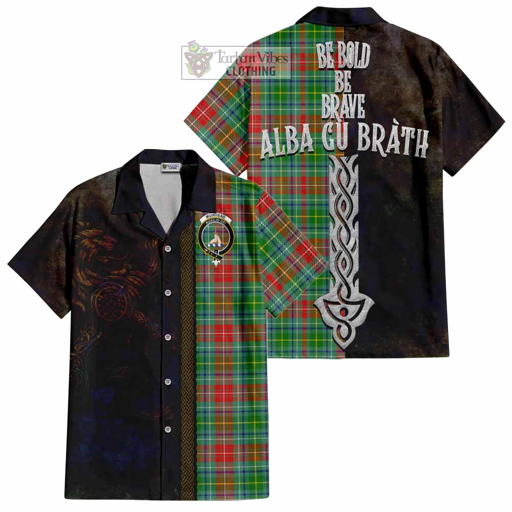 Tartan Vibes Clothing Muirhead Tartan Family Crest Short Sleeve Button Shirt Alba Gu Brath Be Brave Lion Ancient Style