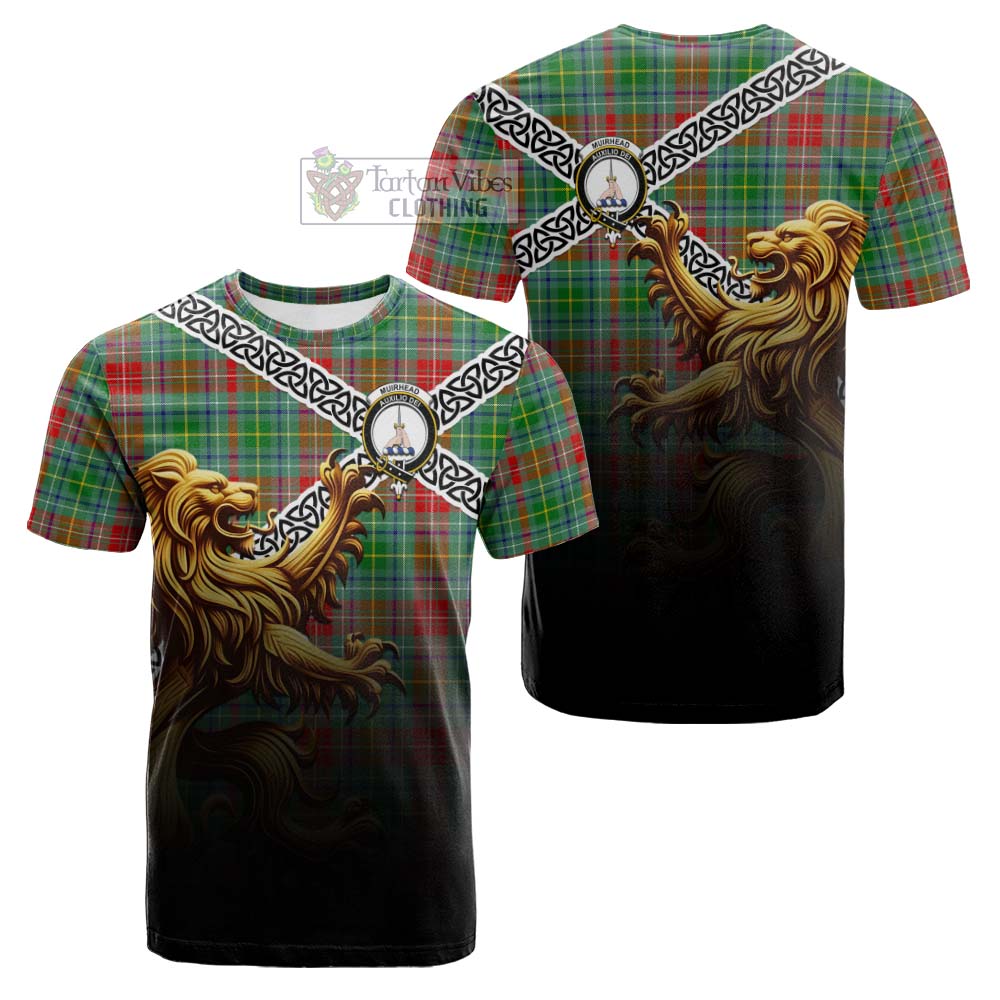 Muirhead Crest Tartan Cotton T-shirt with Golden Lion Emblem Celtic Style - Tartan Vibes Clothing