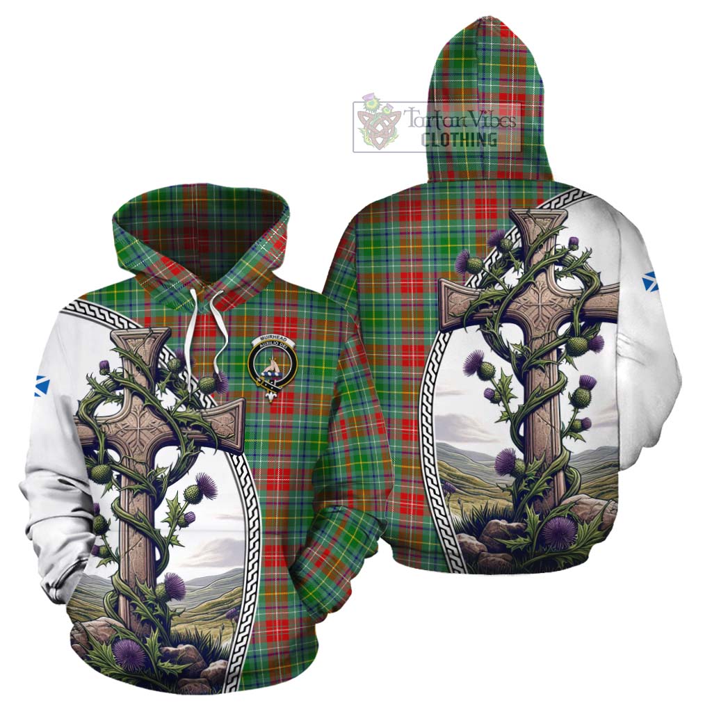 Tartan Vibes Clothing Muirhead Tartan Cotton Hoodie with Family Crest and St. Andrew's Cross Accented by Thistle Vines