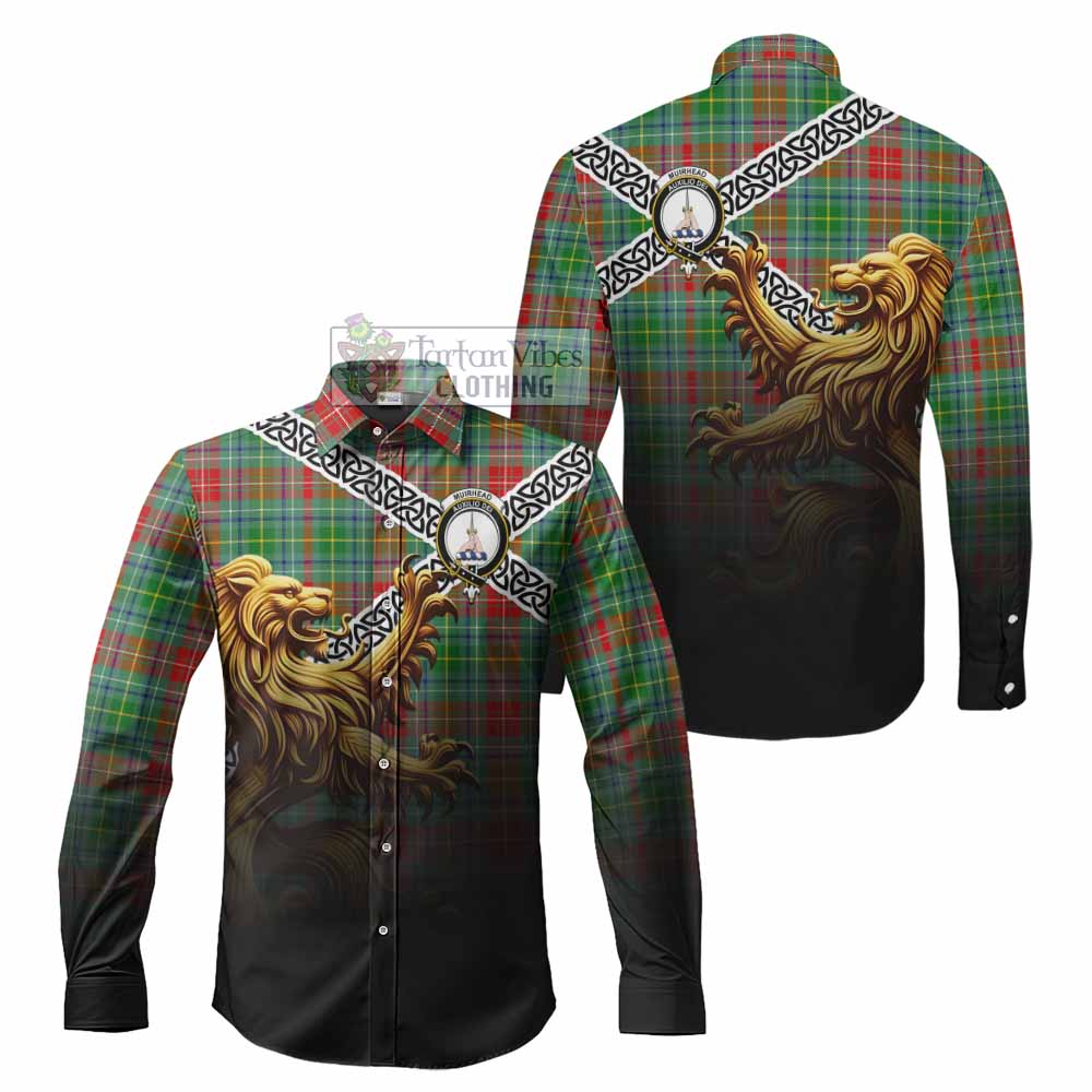 Muirhead Crest Tartan Long Sleeve Button Shirt with Golden Lion Emblem Celtic Style - Tartan Vibes Clothing