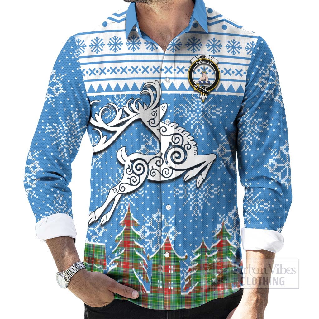 Muirhead Clan Christmas Long Sleeve Button Shirt Celtic Reindeer Style - Tartan Vibes Clothing
