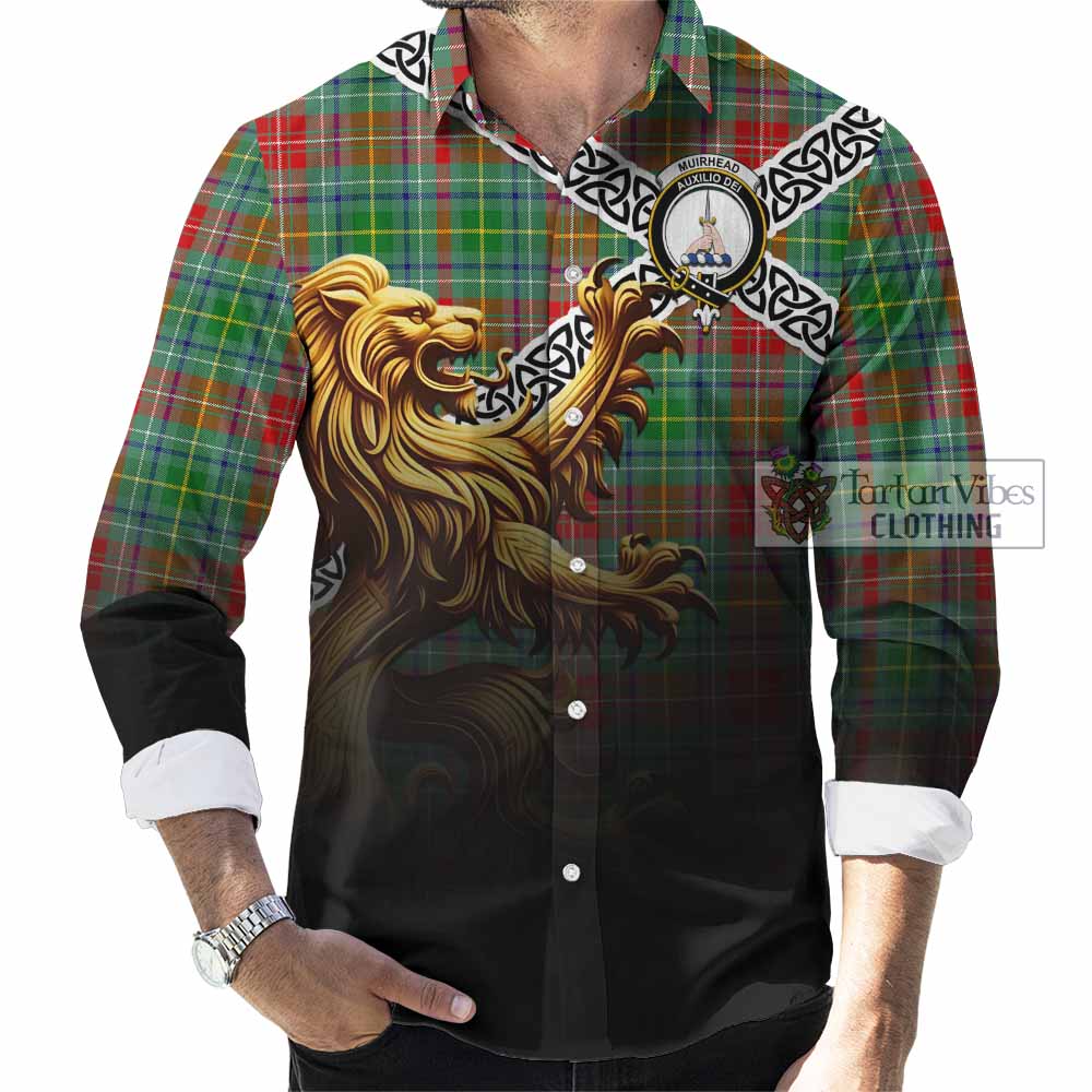 Muirhead Crest Tartan Long Sleeve Button Shirt with Golden Lion Emblem Celtic Style - Tartan Vibes Clothing