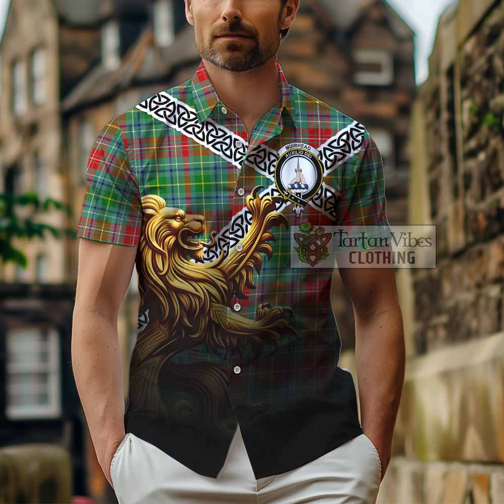 Muirhead Crest Tartan Hawaiian Shirt with Golden Lion Emblem Celtic Style - Tartan Vibes Clothing