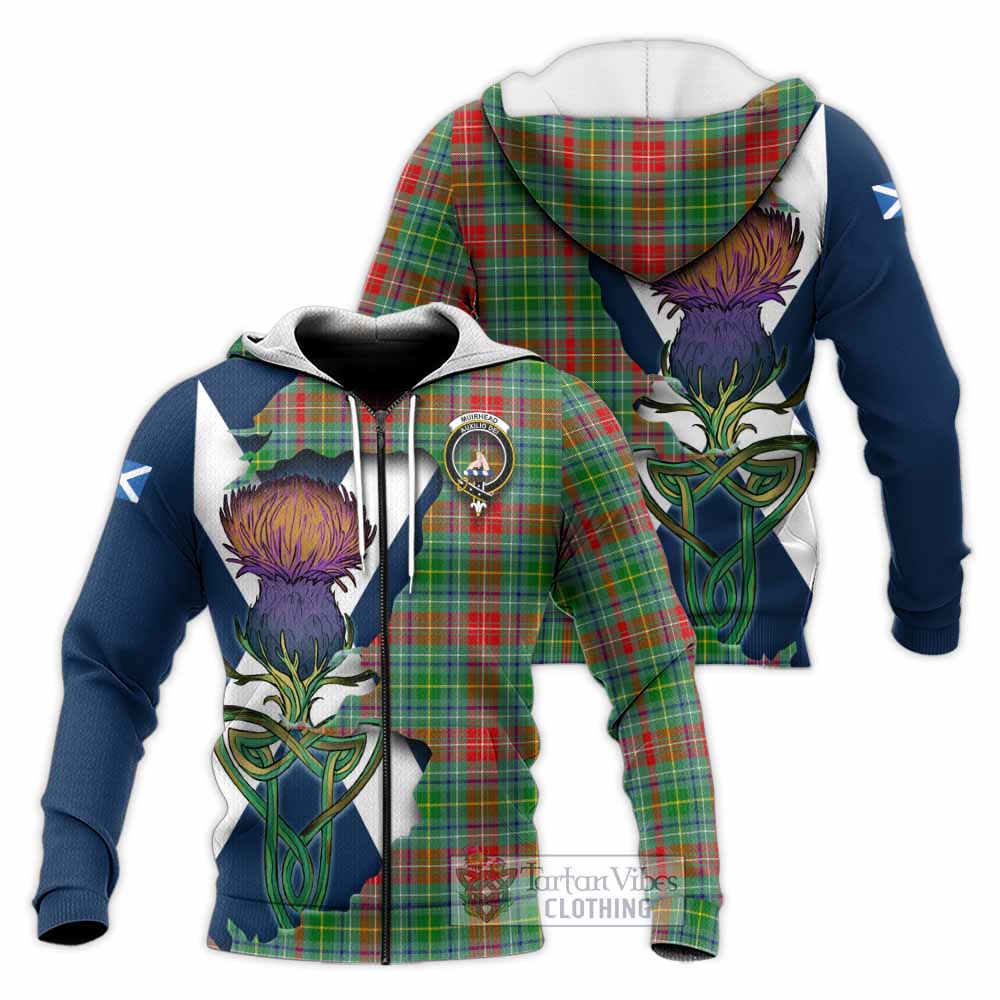 Tartan Vibes Clothing Muirhead Tartan Family Crest Knitted Hoodie Scottish Thistle Celtic Inspired