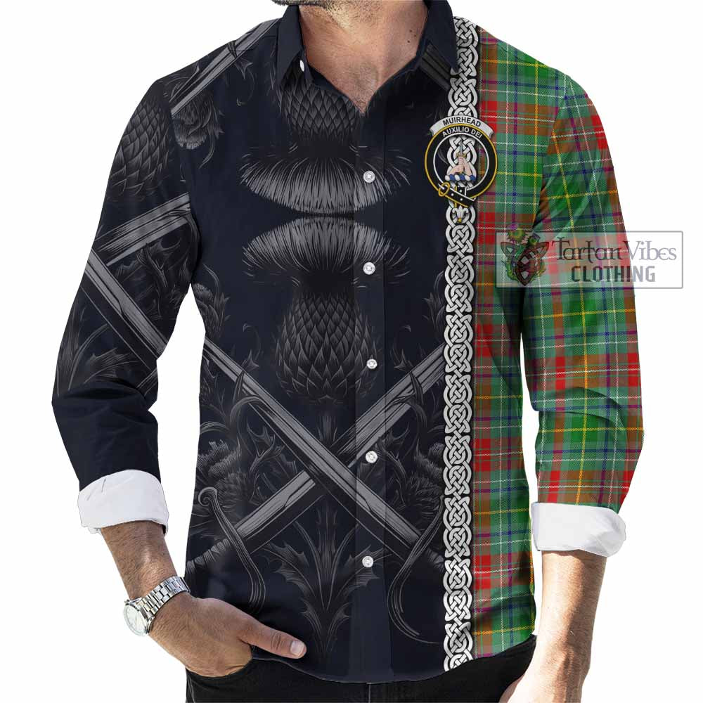 Tartan Vibes Clothing Muirhead Tartan Long Sleeve Button Shirt with Family Crest Cross Sword Thistle Celtic Vibes