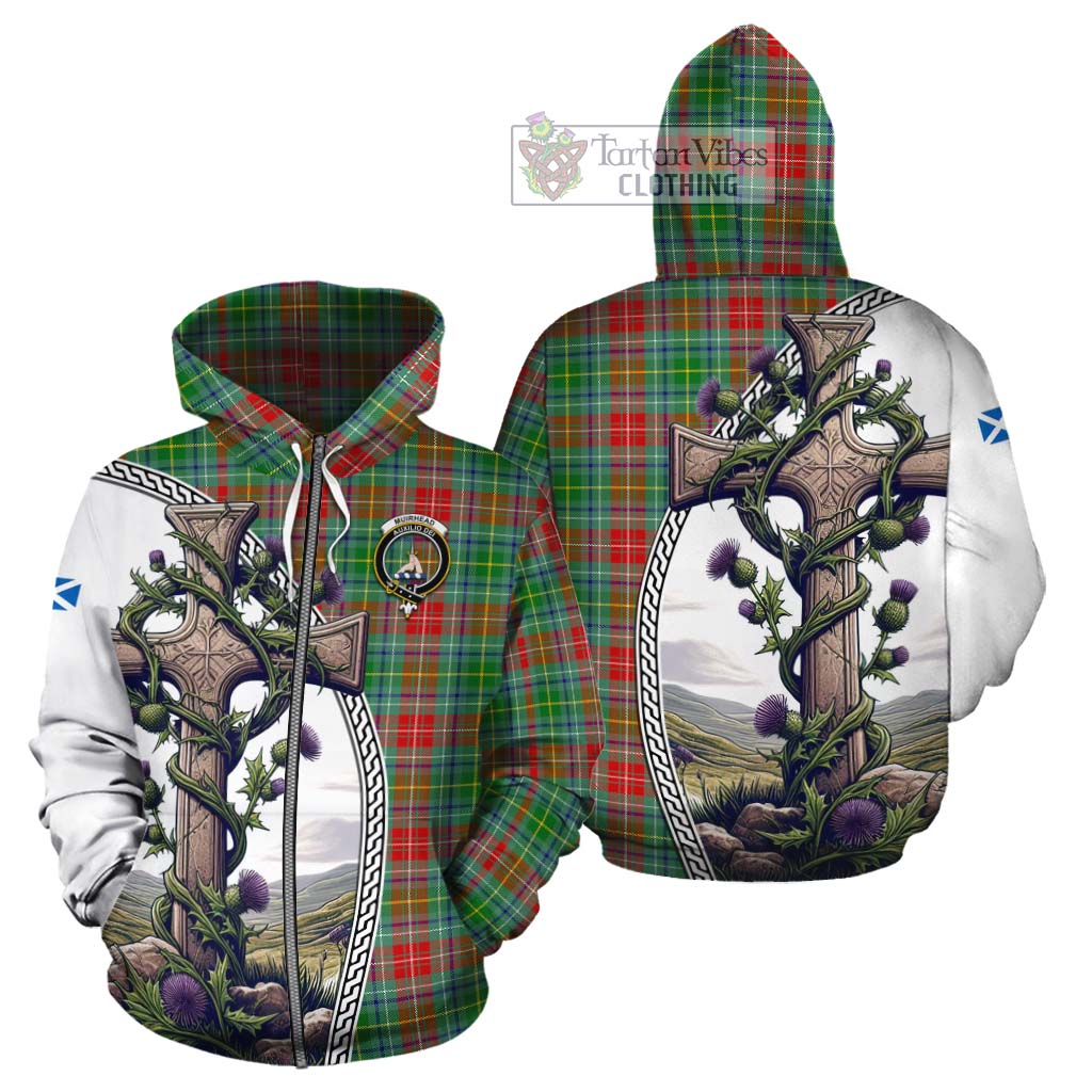 Tartan Vibes Clothing Muirhead Tartan Cotton Hoodie with Family Crest and St. Andrew's Cross Accented by Thistle Vines