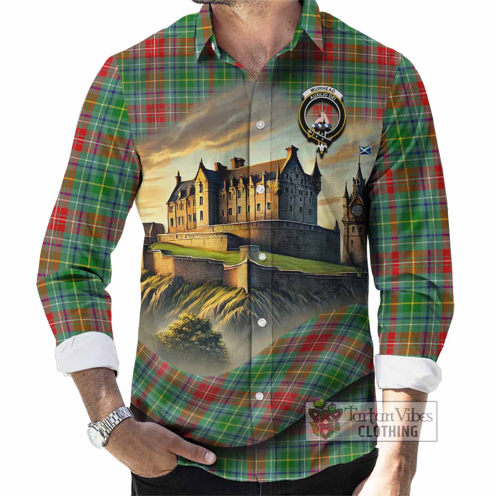 Tartan Vibes Clothing Muirhead Tartan Family Crest Long Sleeve Button Shirt with Scottish Ancient Castle Style