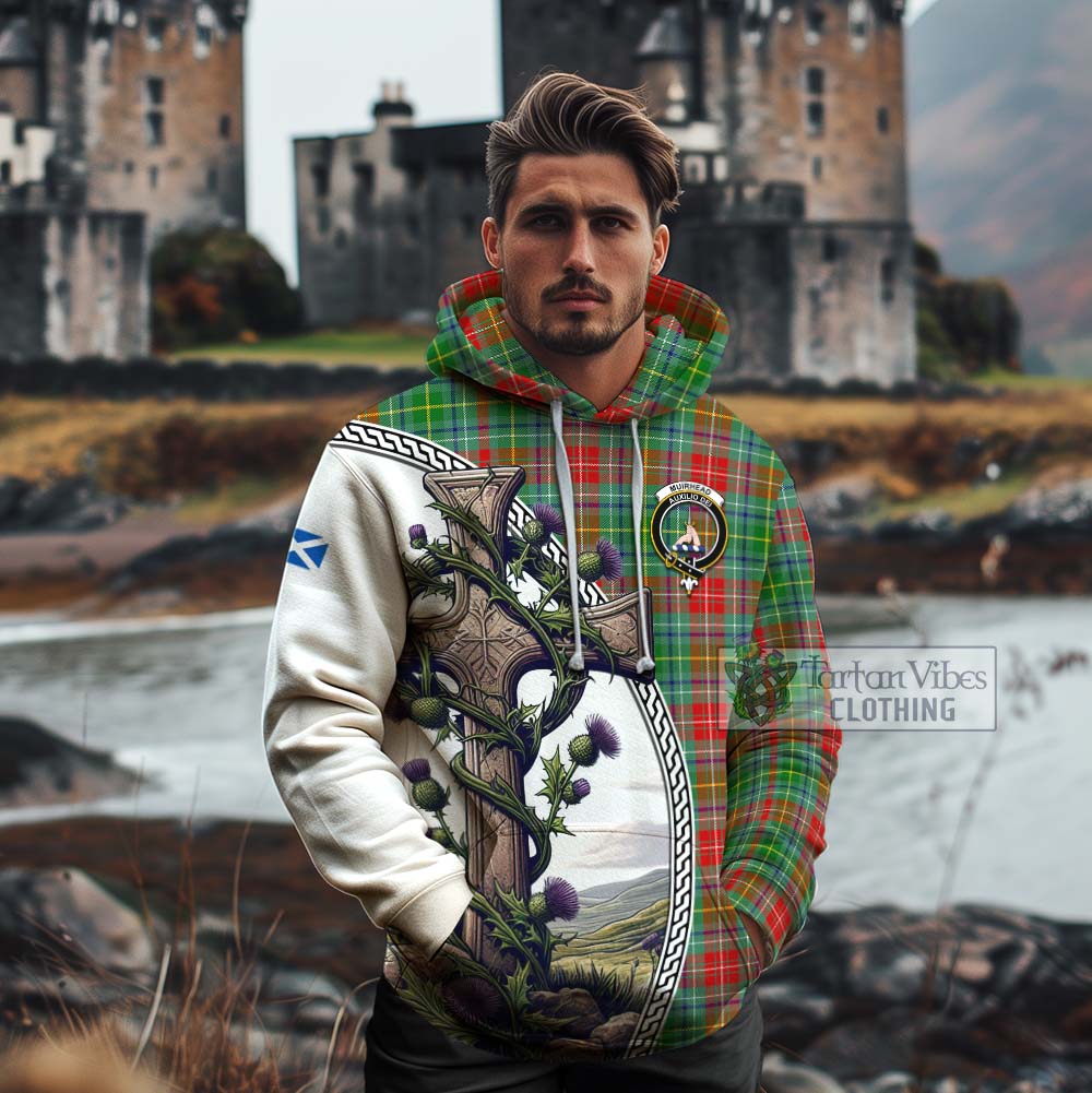 Tartan Vibes Clothing Muirhead Tartan Cotton Hoodie with Family Crest and St. Andrew's Cross Accented by Thistle Vines