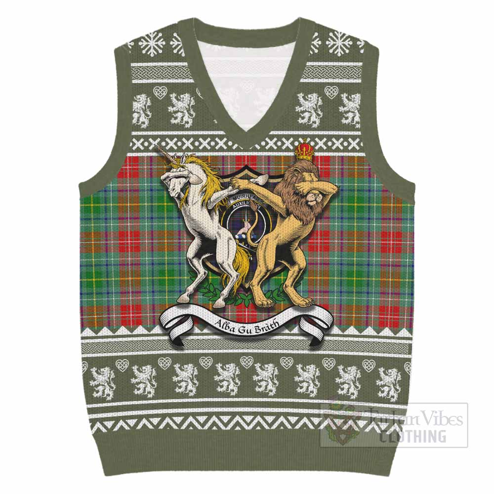 Muirhead Clan Tartan Crest Christmas Knitted V-Neck Vest Coat of Arms Funny Style - Tartan Vibes Clothing