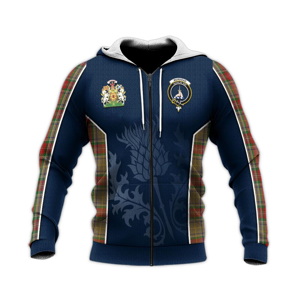 Tartan Vibes Clothing Muirhead Old Tartan Knitted Hoodie with Family Crest and Scottish Thistle Vibes Sport Style