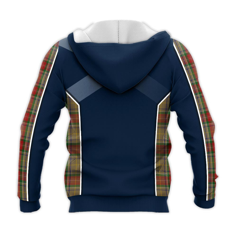 Tartan Vibes Clothing Muirhead Old Tartan Knitted Hoodie with Family Crest and Scottish Thistle Vibes Sport Style