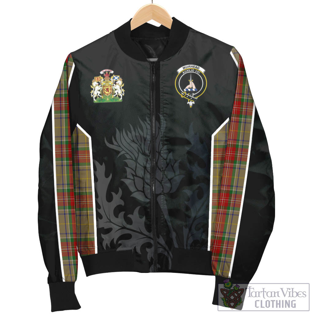 Tartan Vibes Clothing Muirhead Old Tartan Bomber Jacket with Family Crest and Scottish Thistle Vibes Sport Style