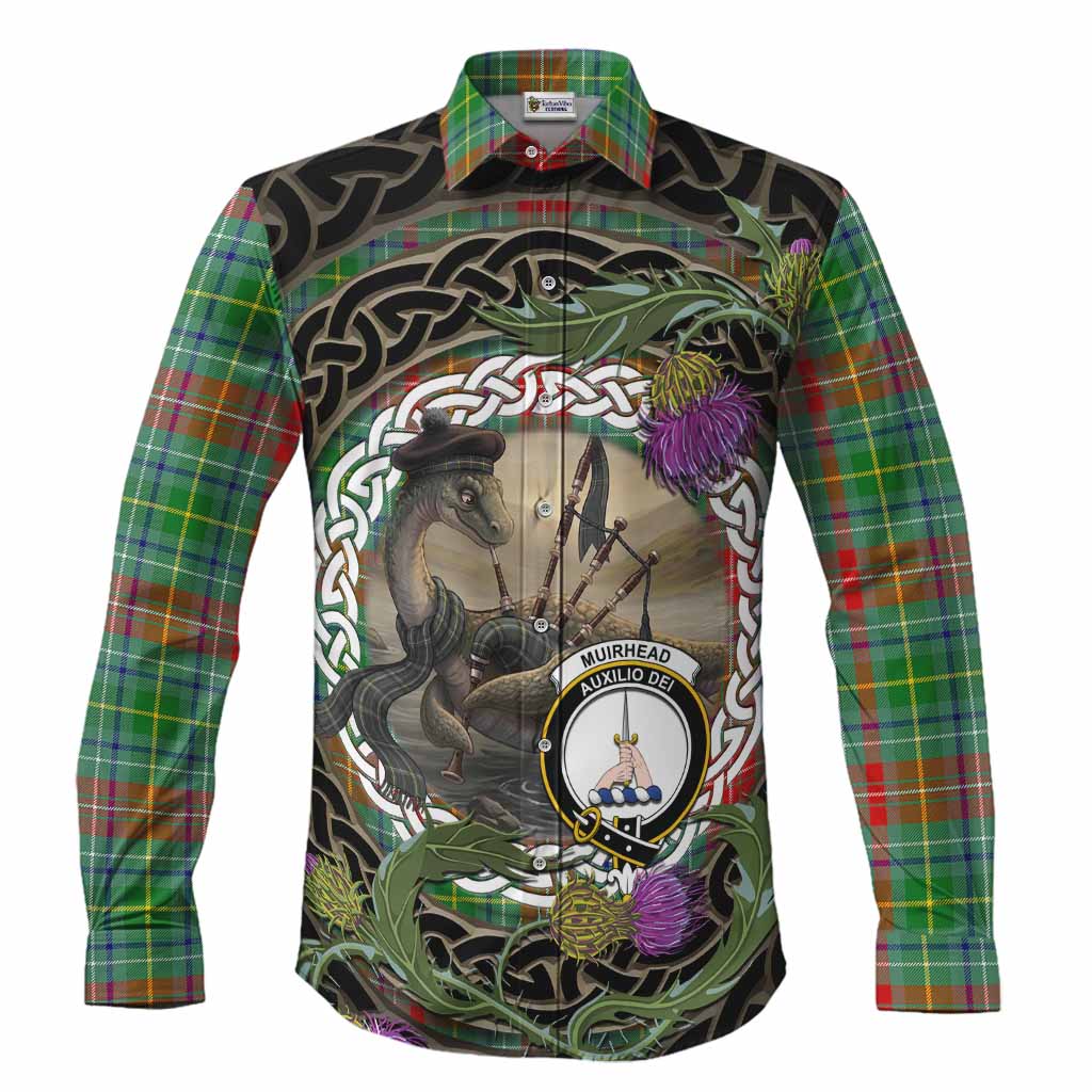 Muirhead Tartan Crest Bagpipe Nessie Long Sleeve Button Shirts Scottish Loch Ness Monster Celtic Thistle