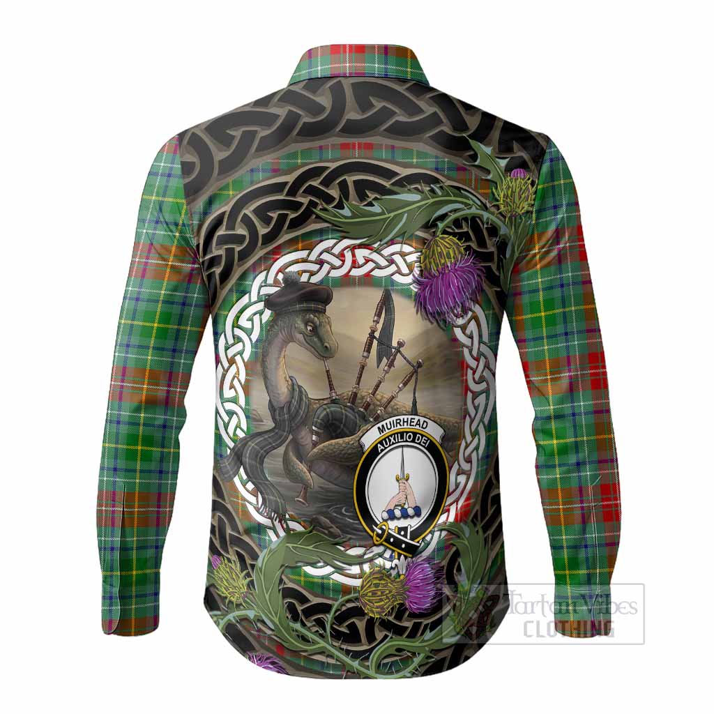 Muirhead Tartan Crest Bagpipe Nessie Long Sleeve Button Shirts Scottish Loch Ness Monster Celtic Thistle