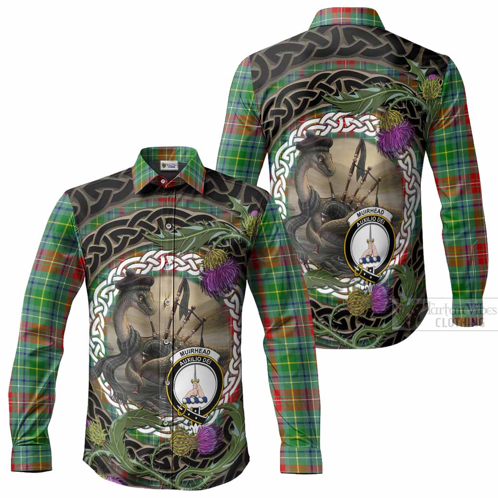 Muirhead Tartan Crest Bagpipe Nessie Long Sleeve Button Shirts Scottish Loch Ness Monster Celtic Thistle