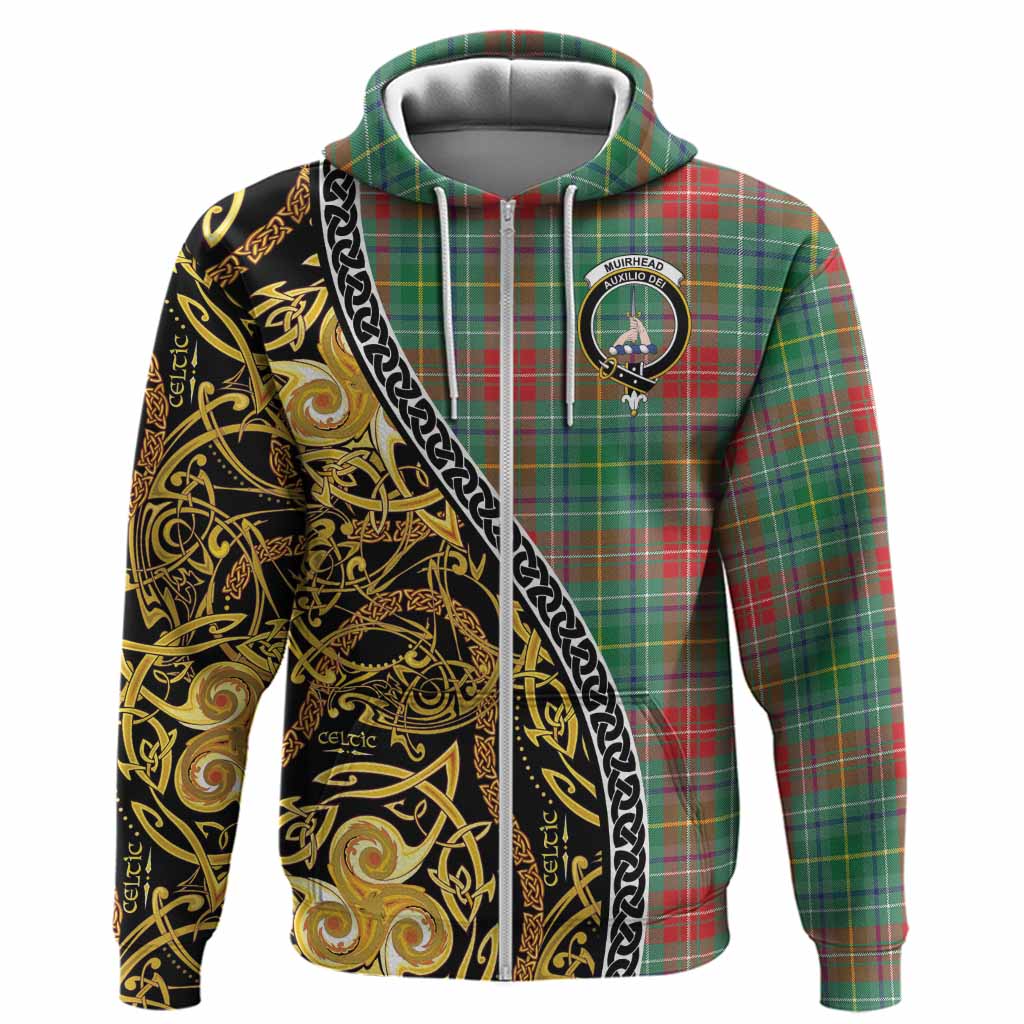 Muirhead Tartan Crest Hoodie Celtic Knot and Triple Trickle Spiral Symbols