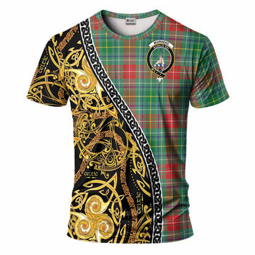 Muirhead Tartan Crest T-Shirt Celtic Knot and Triple Trickle Spiral Symbols