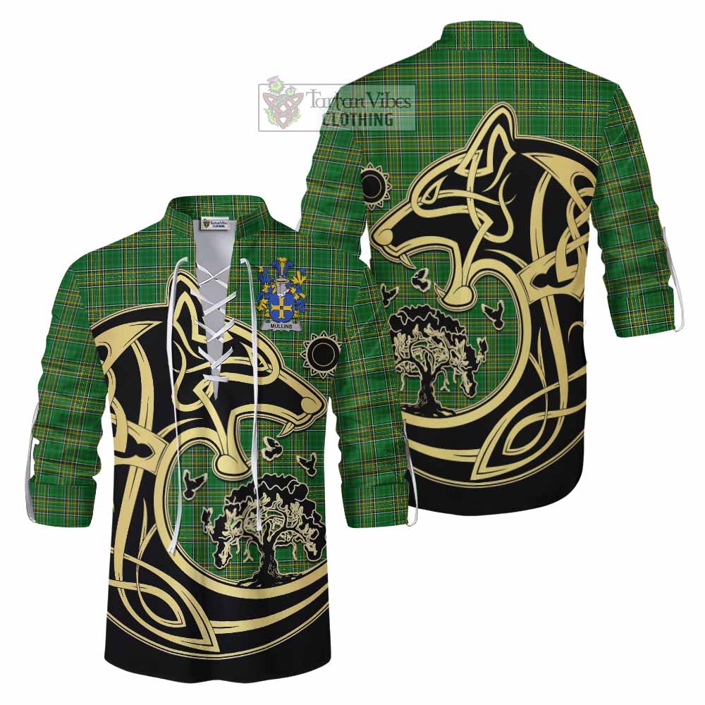 Tartan Vibes Clothing Mullins Irish Tartan Ghillie Kilt Shirt with Coat of Arms Celtic Wolf Style