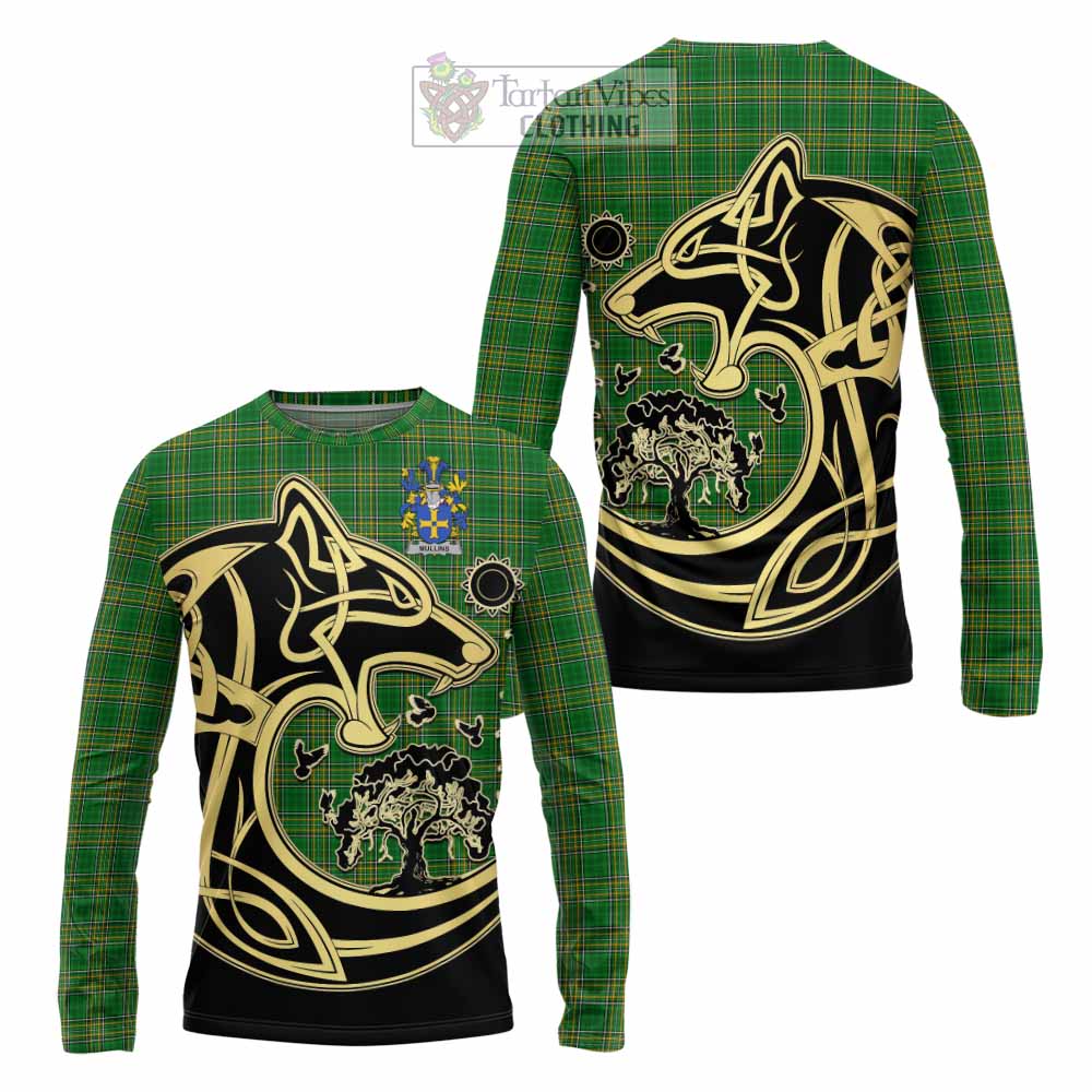 Tartan Vibes Clothing Mullins Irish Tartan Long Sleeve T-Shirt with Coat of Arms Celtic Wolf Style