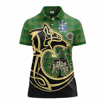 Mulock Irish Tartan Women's Polo Shirt with Coat of Arms Celtic Wolf Style Women - Tartan Vibes Clothing
