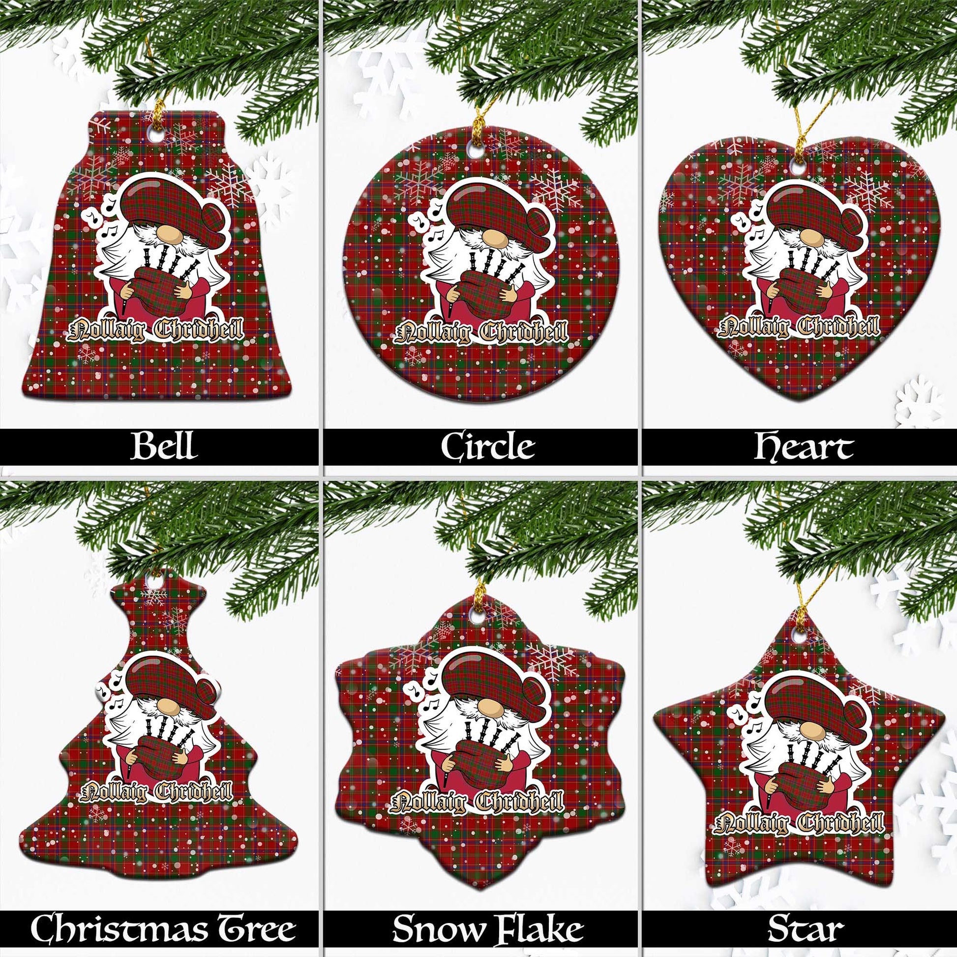 Munro (Monroe) Tartan Christmas Ceramic Ornaments with Scottish Gnome Playing Bagpipes Ceramic - Tartan Vibes Clothing