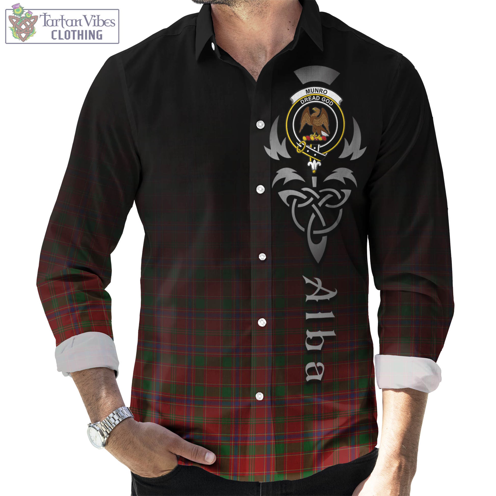 Tartan Vibes Clothing Munro Tartan Long Sleeve Button Up Featuring Alba Gu Brath Family Crest Celtic Inspired