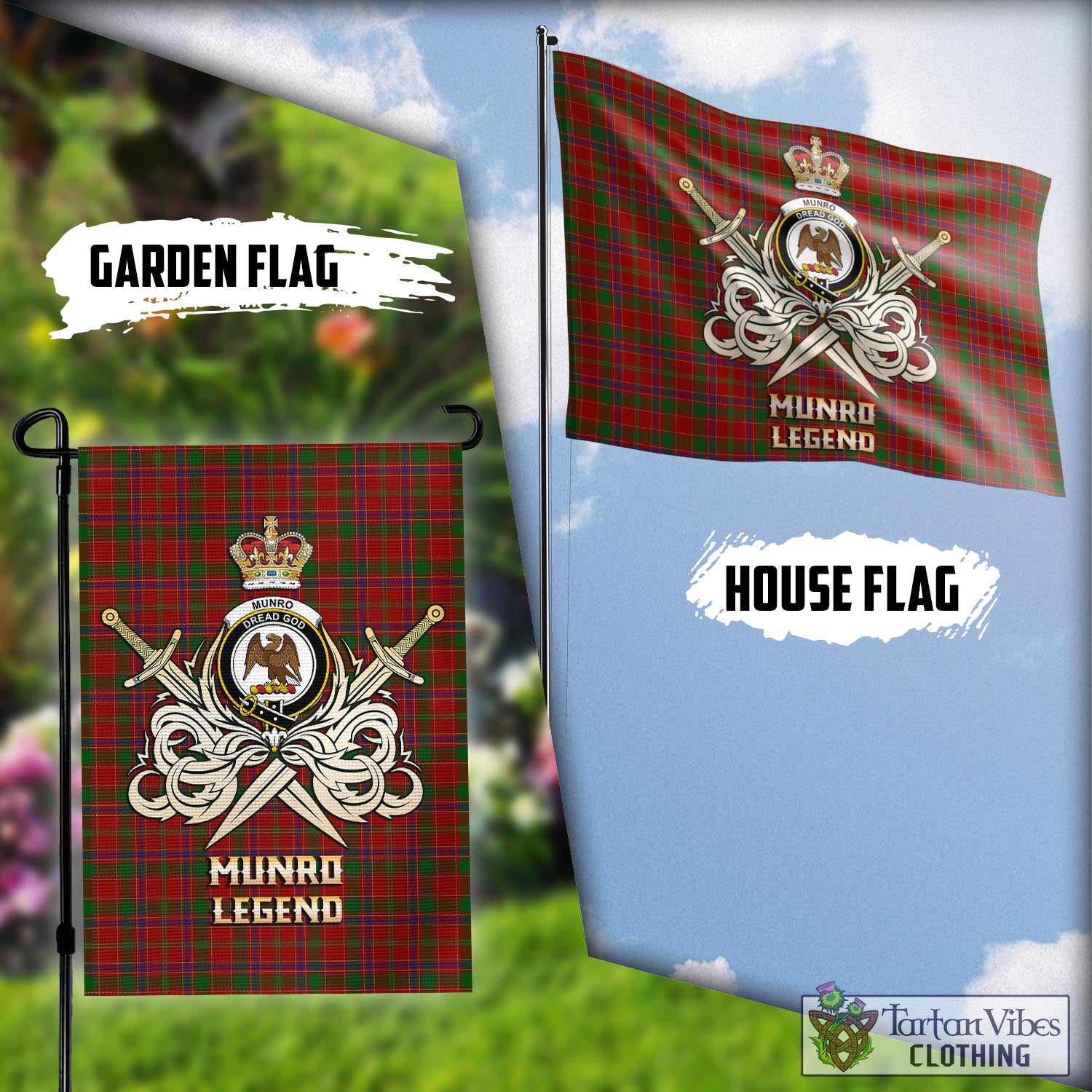 Tartan Vibes Clothing Munro Tartan Flag with Clan Crest and the Golden Sword of Courageous Legacy