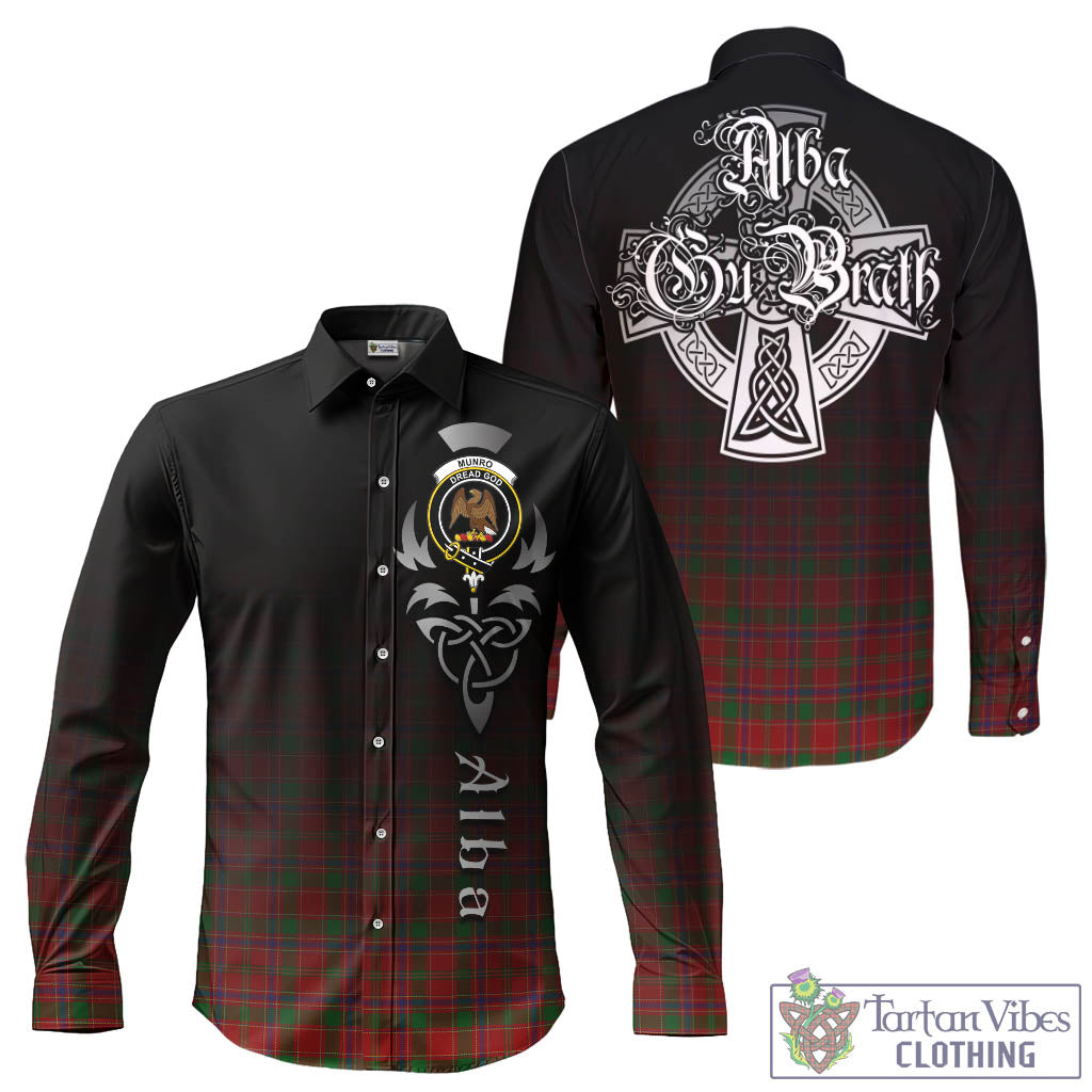 Tartan Vibes Clothing Munro Tartan Long Sleeve Button Up Featuring Alba Gu Brath Family Crest Celtic Inspired
