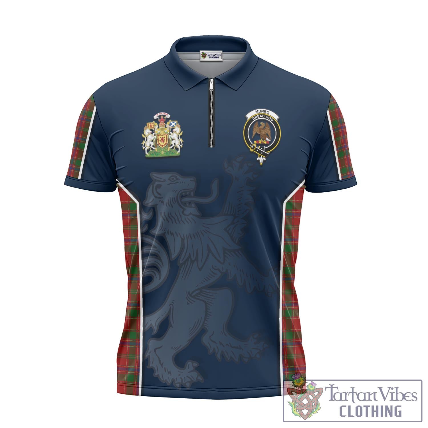 Tartan Vibes Clothing Munro Tartan Zipper Polo Shirt with Family Crest and Lion Rampant Vibes Sport Style