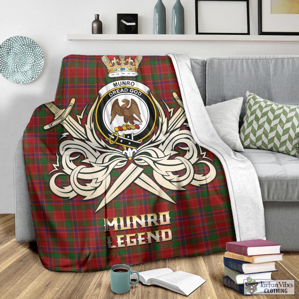 Tartan Vibes Clothing Munro Tartan Blanket with Clan Crest and the Golden Sword of Courageous Legacy