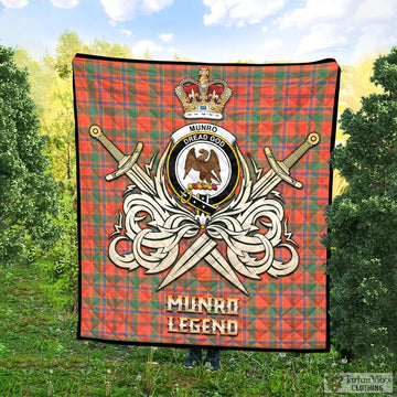 Munro Ancient Tartan Quilt with Clan Crest and the Golden Sword of Courageous Legacy