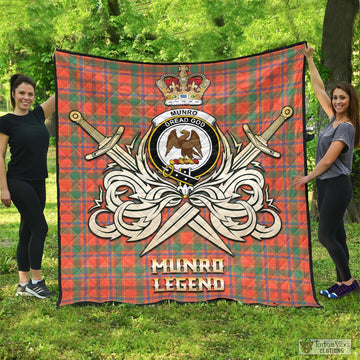 Munro Ancient Tartan Quilt with Clan Crest and the Golden Sword of Courageous Legacy