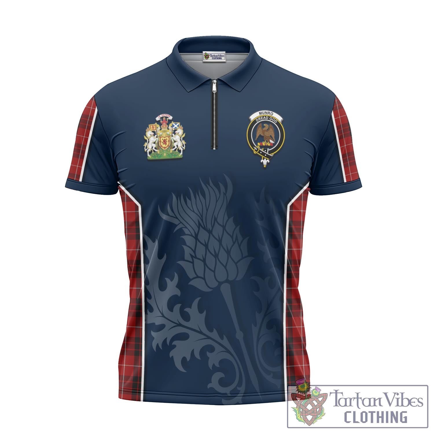 Tartan Vibes Clothing Munro Black and Red Tartan Zipper Polo Shirt with Family Crest and Scottish Thistle Vibes Sport Style