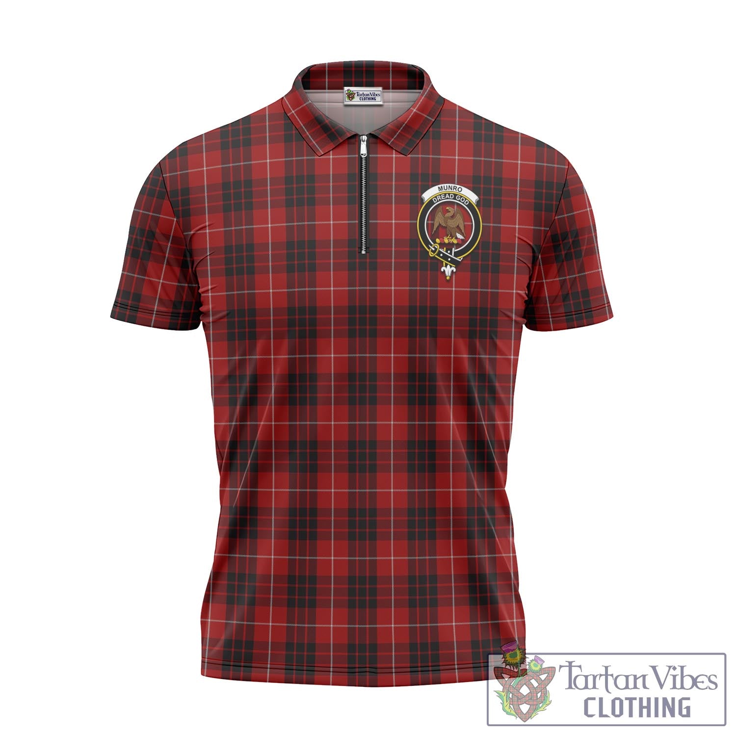 Tartan Vibes Clothing Munro Black and Red Tartan Zipper Polo Shirt with Family Crest