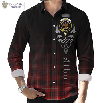 Munro Black and Red Tartan Long Sleeve Button Up Featuring Alba Gu Brath Family Crest Celtic Inspired