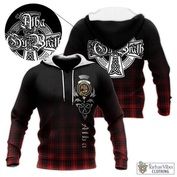 Munro Black and Red Tartan Knitted Hoodie Featuring Alba Gu Brath Family Crest Celtic Inspired