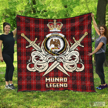 Munro Black and Red Tartan Quilt with Clan Crest and the Golden Sword of Courageous Legacy
