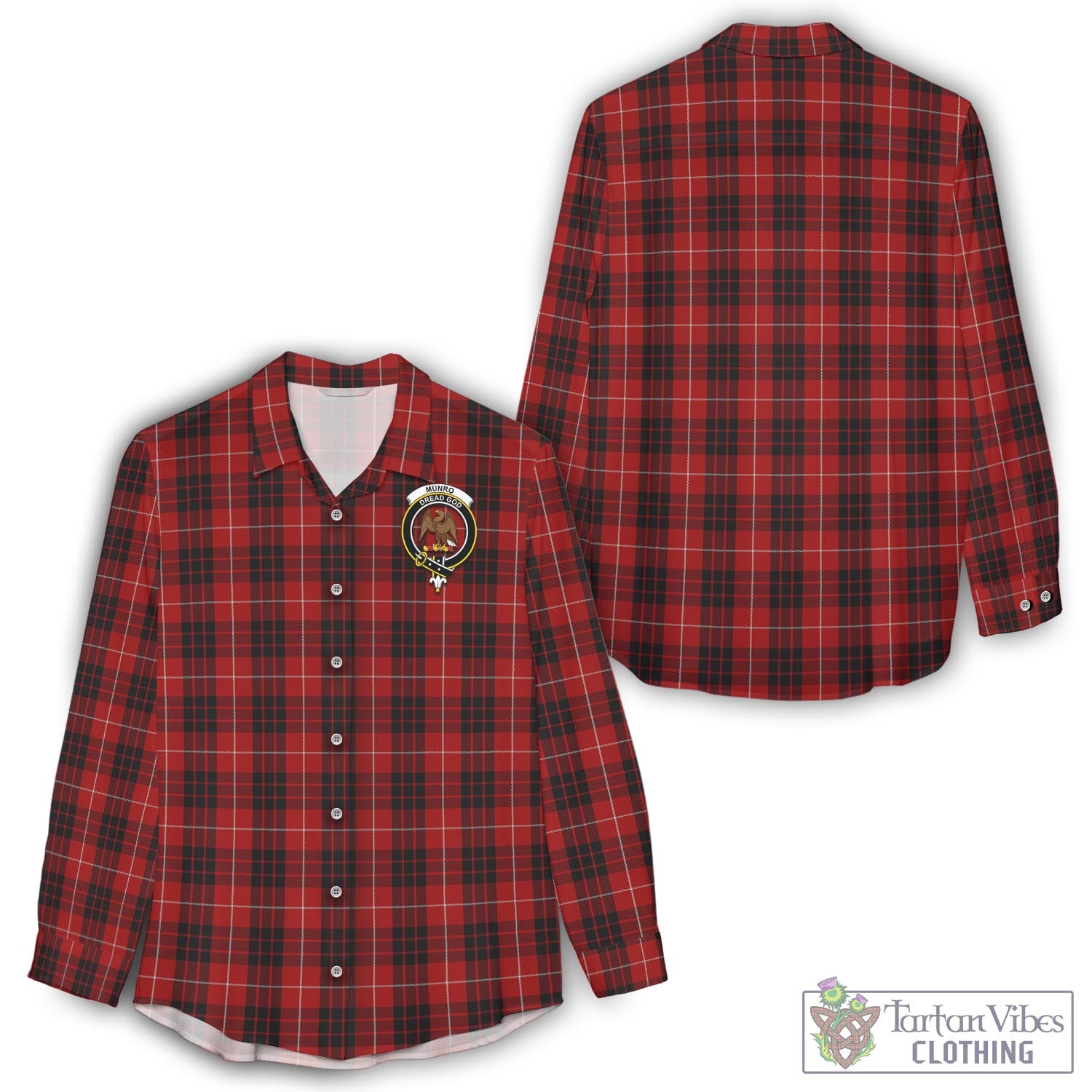Tartan Vibes Clothing Munro Black and Red Tartan Womens Casual Shirt with Family Crest