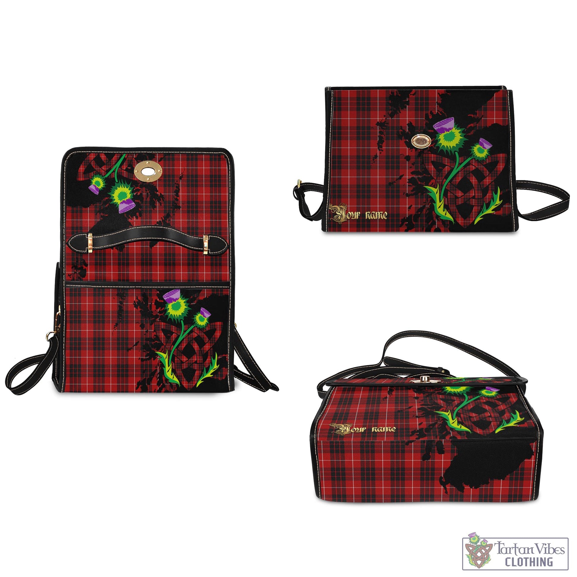 Tartan Vibes Clothing Munro Black and Red Tartan Waterproof Canvas Bag with Scotland Map and Thistle Celtic Accents